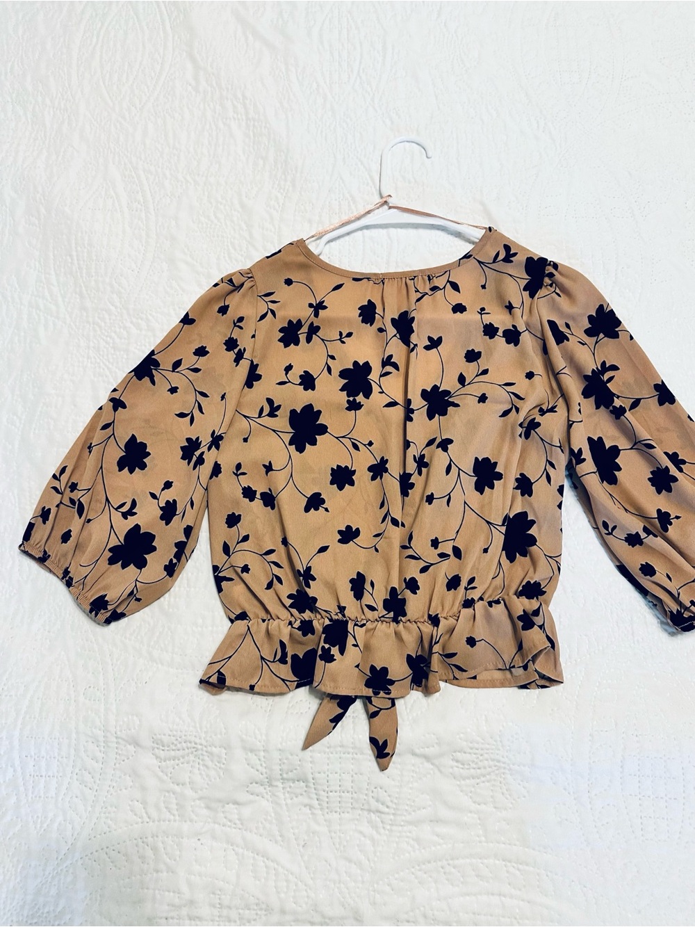 Sienna Sky Camel and Black Floral Tie-Front Blouse